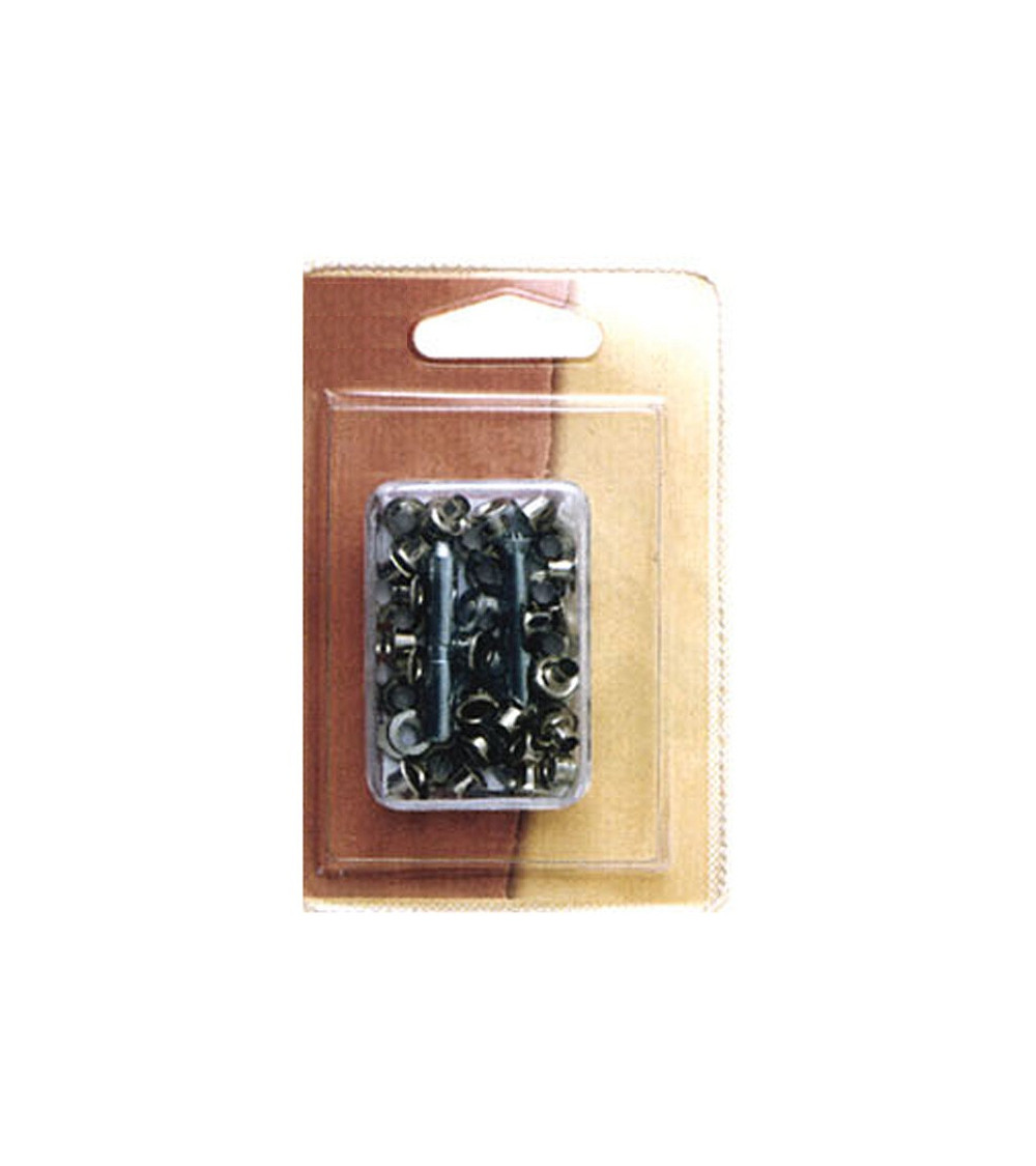 36 small 5mm eyelets and silver colored tool
