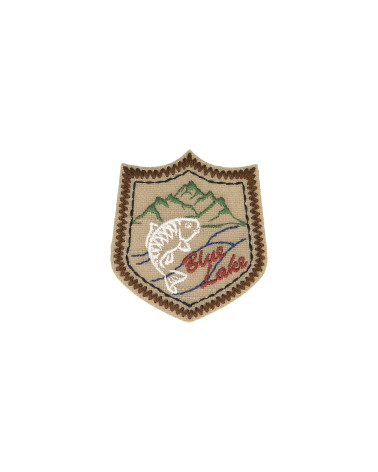 Aufnäher zum Aufbügeln, BLAUER LAKE-Fisch, Leinenhintergrund, 5 x 5 cm