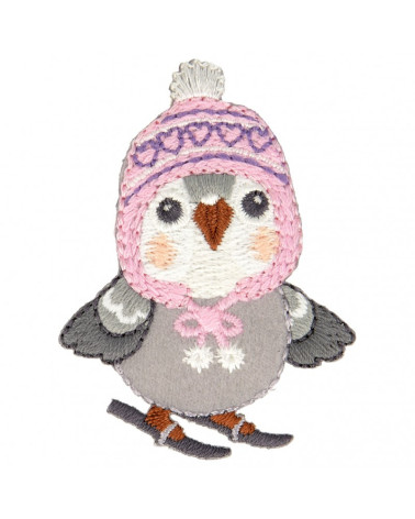 Set of 3 iron-on sparrow on skis patches 5.5 cm x 4 cm