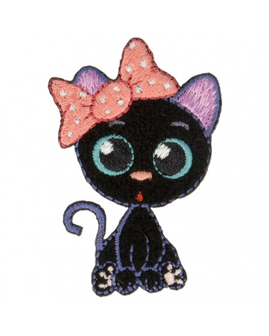 Set mit 3 aufbügelbaren Katzenflicken mit großen Augen, roter Schleife, 5 cm x 3,5 cm