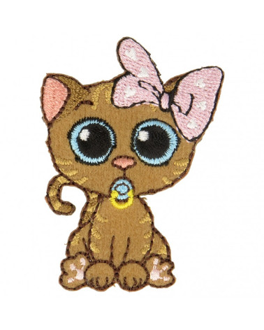 Set of 3 iron-on patches cat with big baby eyes pink bow 5 cm x 3.5 cm