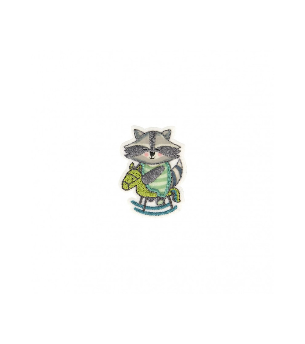 Rocking horse raccoon iron-on patch 3.5x4.5cm