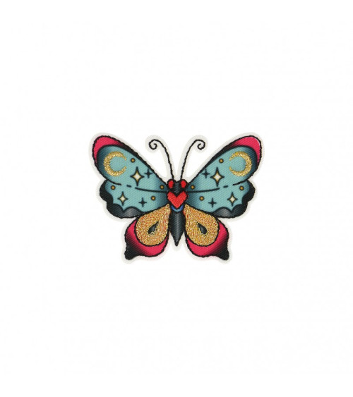 Ecusson thermocollant papillon bleu rose 6x4cm