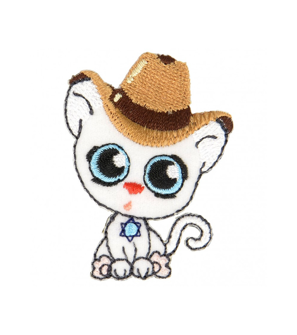 Lot de 3 écussons thermocollants chat aux gros yeux chapeau beige 5 cm x 3,5 cm