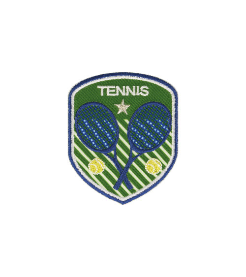 Aufbügelbarer Tenniswappen-Aufnäher mit grünem Hintergrund, 5 x 6 cm