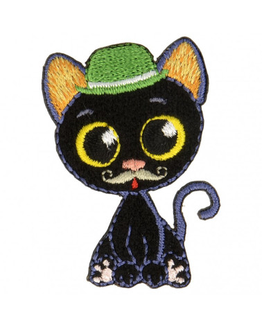 Set di 3 toppe termoadesive gatto con occhi grandi cappello verde 5 cm x 3,5 cm