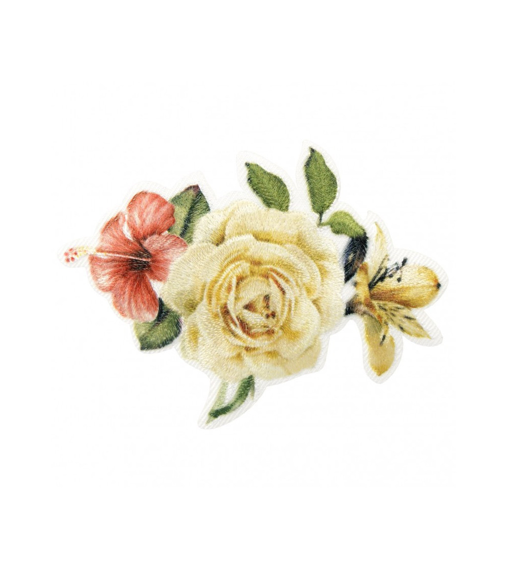 Lot de 3 écussons thermocollants bouquet de roses avec hibiscus et lys 5,5 cm x 7 cm