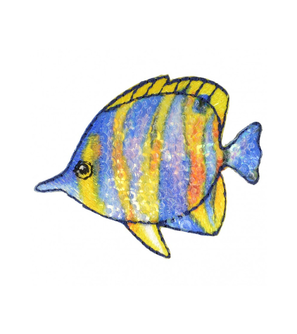 Lot de 3 écussons thermocollants à sequins poisson bleu et jaune 4,5 cm x 6 cm