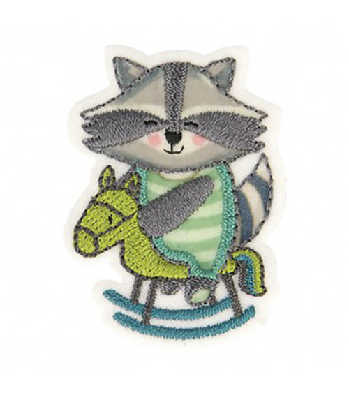 Rocking horse raccoon iron-on patch 3.5x4.5cm