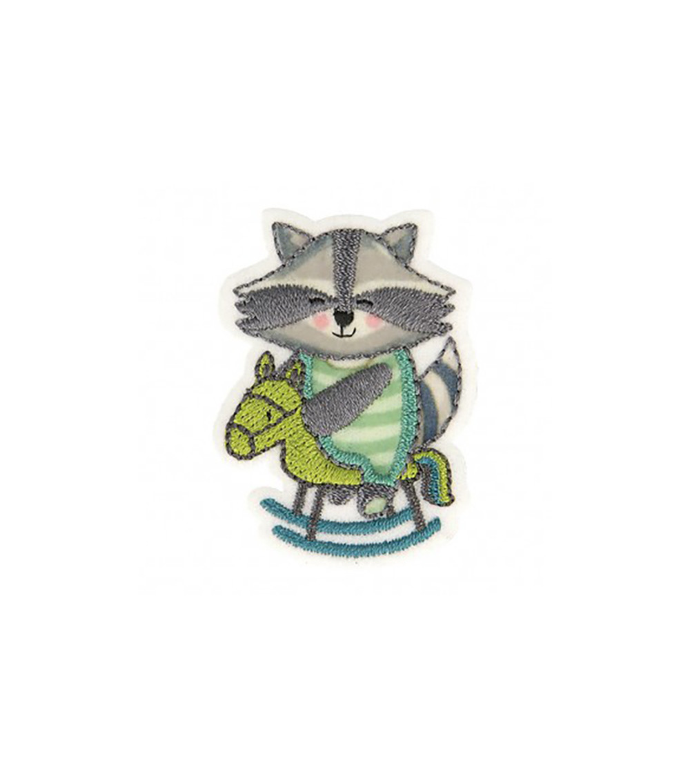 Rocking horse raccoon iron-on patch 3.5x4.5cm