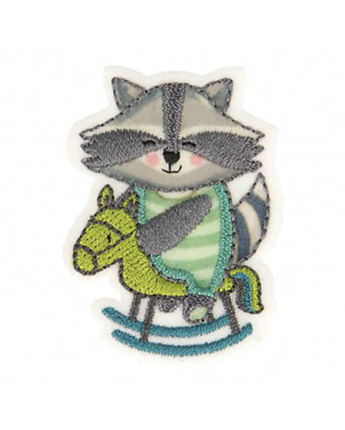 Rocking horse raccoon iron-on patch 3.5x4.5cm