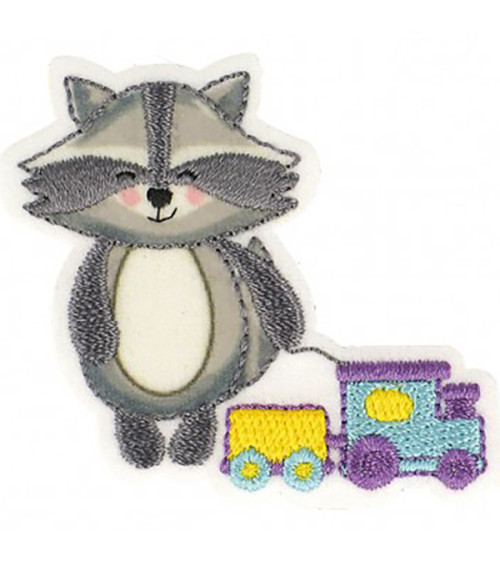 Raccoon train iron-on patch 5.5x5cm