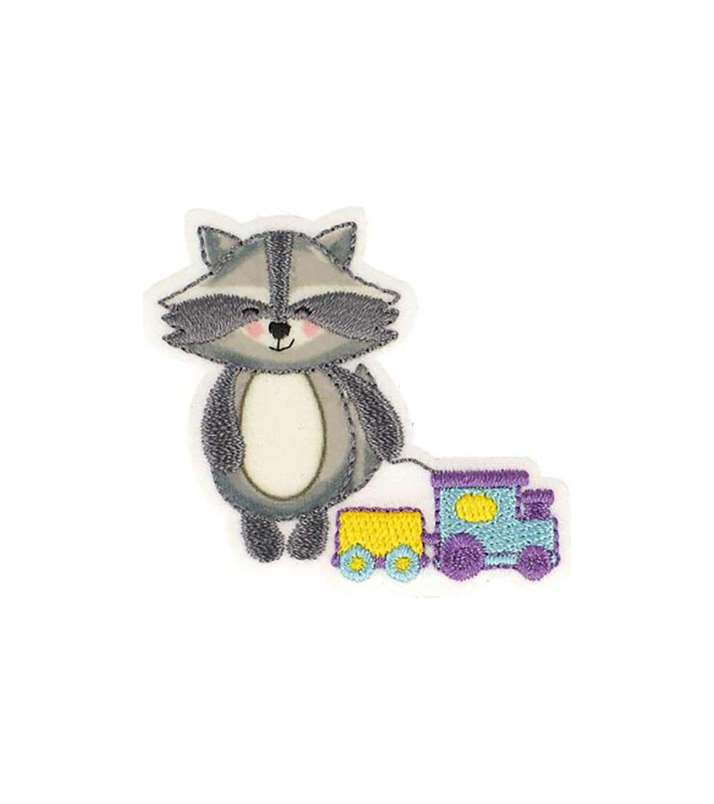 Raccoon train iron-on patch 5.5x5cm