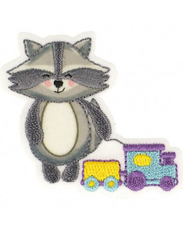 Raccoon train iron-on patch 5.5x5cm