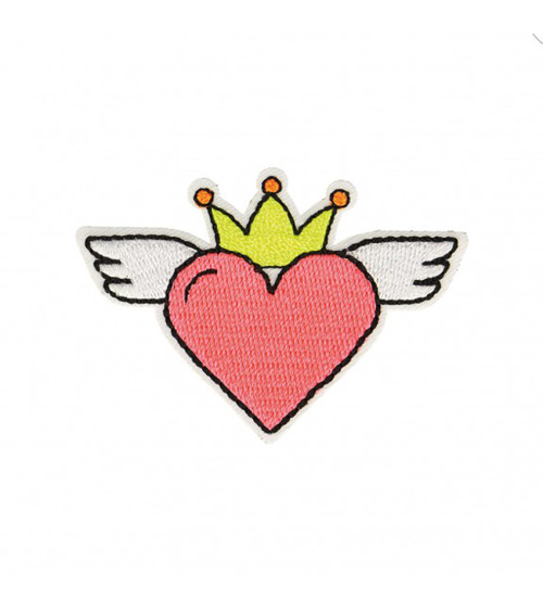 Heart iron-on patch with neon pink wings 4x6cm