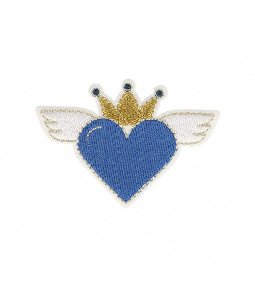 Set of 3 iron-on heart patches with blue wings 4x6cm