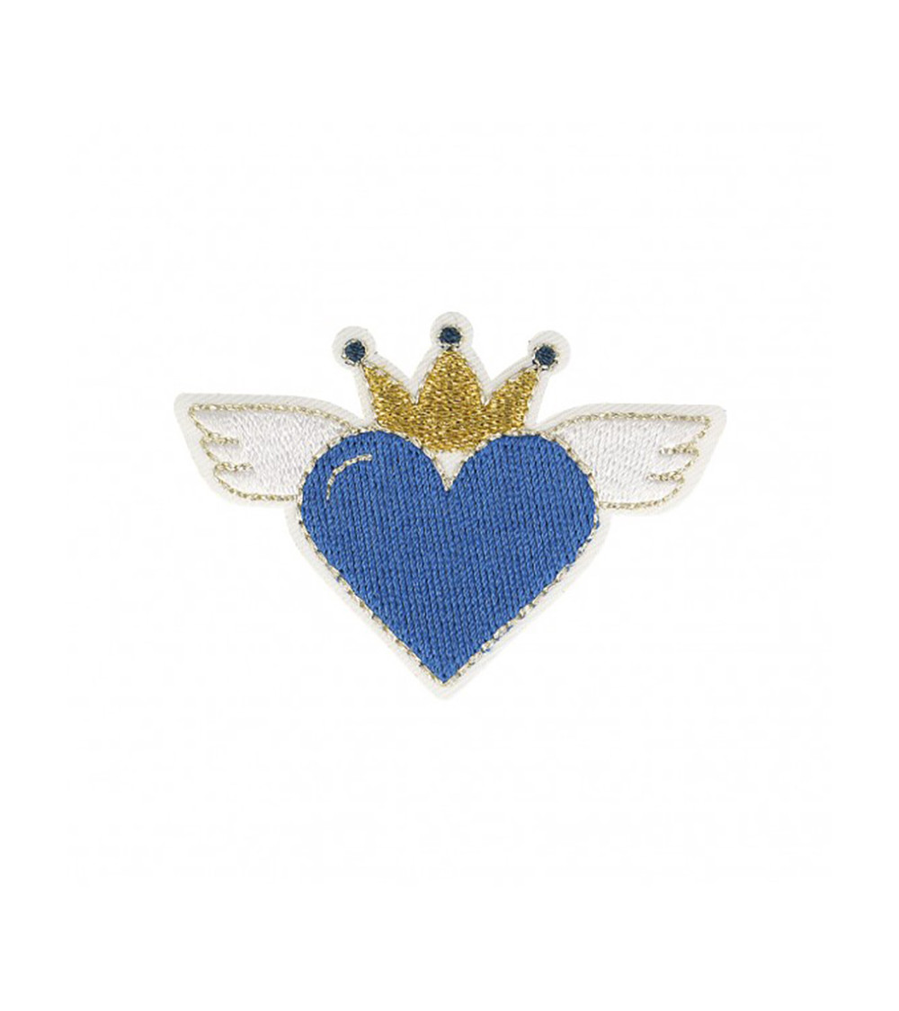 Set of 3 iron-on heart patches with blue wings 4x6cm