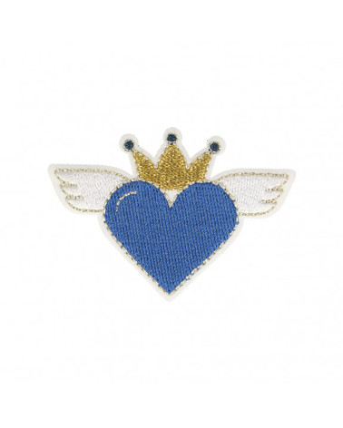 Set of 3 iron-on heart patches with blue wings 4x6cm