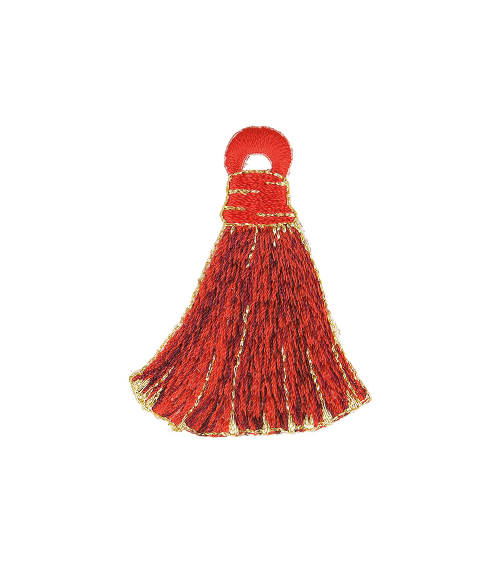Set mit 3 Bügelflicken mit rot/goldenen Pompons, 4,5 x 5,5 cm