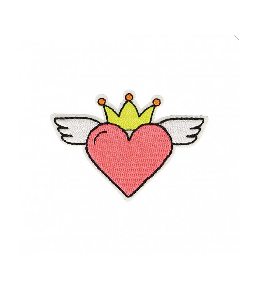 Set of 3 iron-on heart patches with neon pink wings 4x6cm