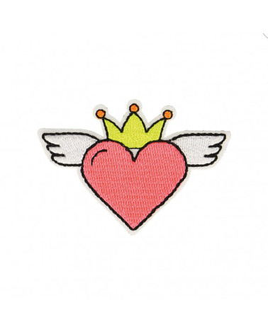 Set of 3 iron-on heart patches with neon pink wings 4x6cm