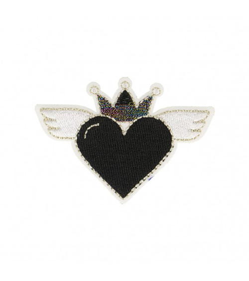 Set of 3 iron-on heart patches with black wings 4x6cm