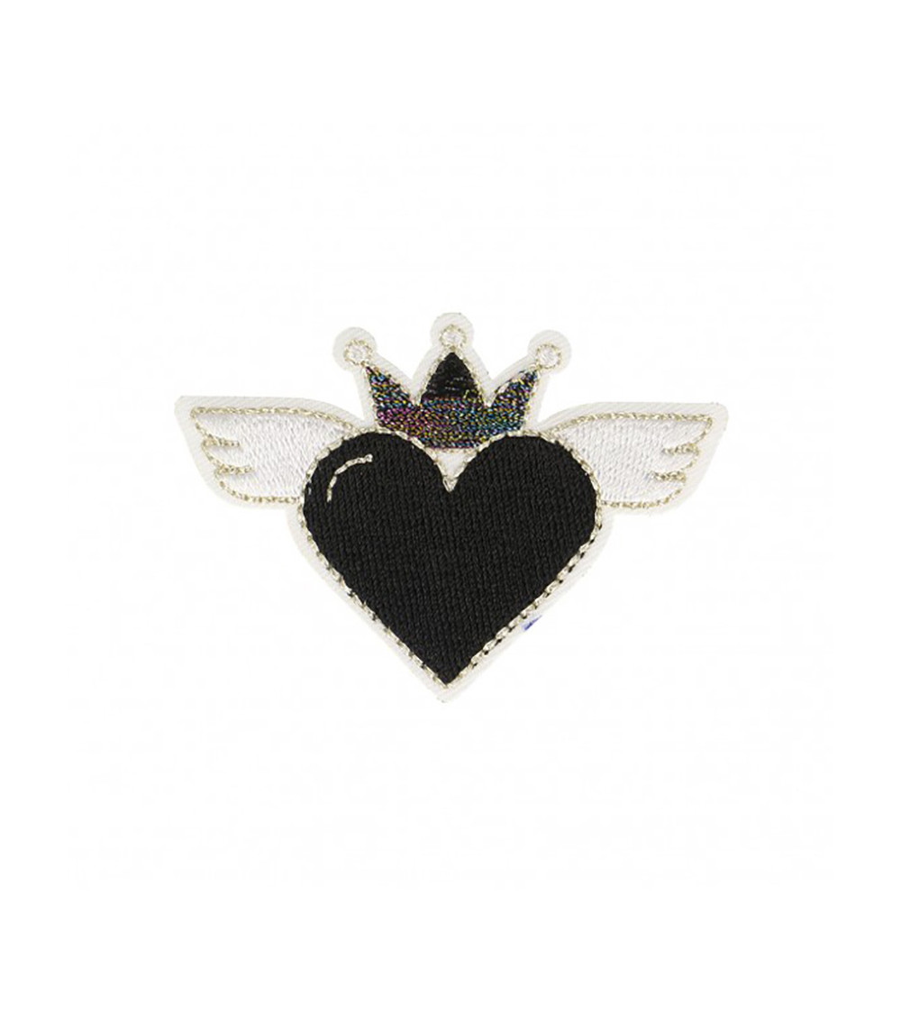Set of 3 iron-on heart patches with black wings 4x6cm