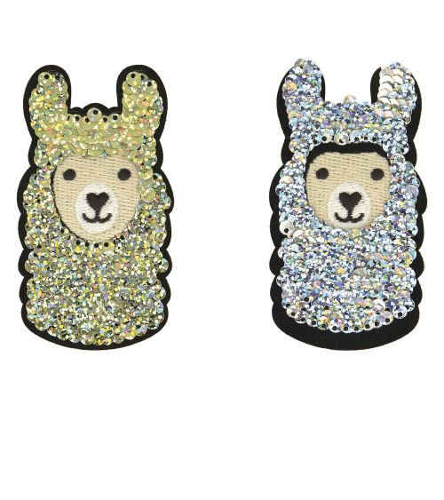 Gold llama iron-on patch with reversible glitter 8x5cm
