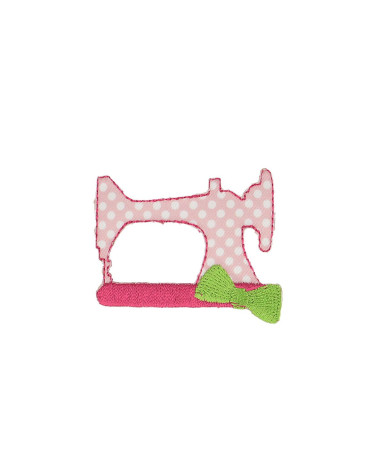 Insignia de máquina de coser rosa con lunares blancos