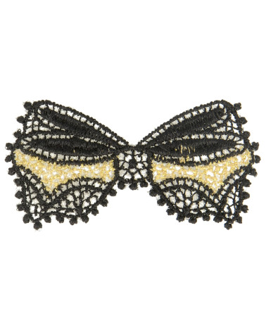 Ecusson noeud dentelle noir doré