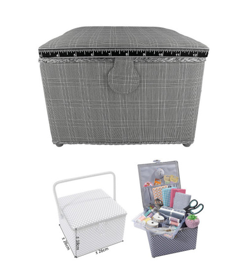 Petite boîte à couture carrée L26xH19cm quadrillage élégance