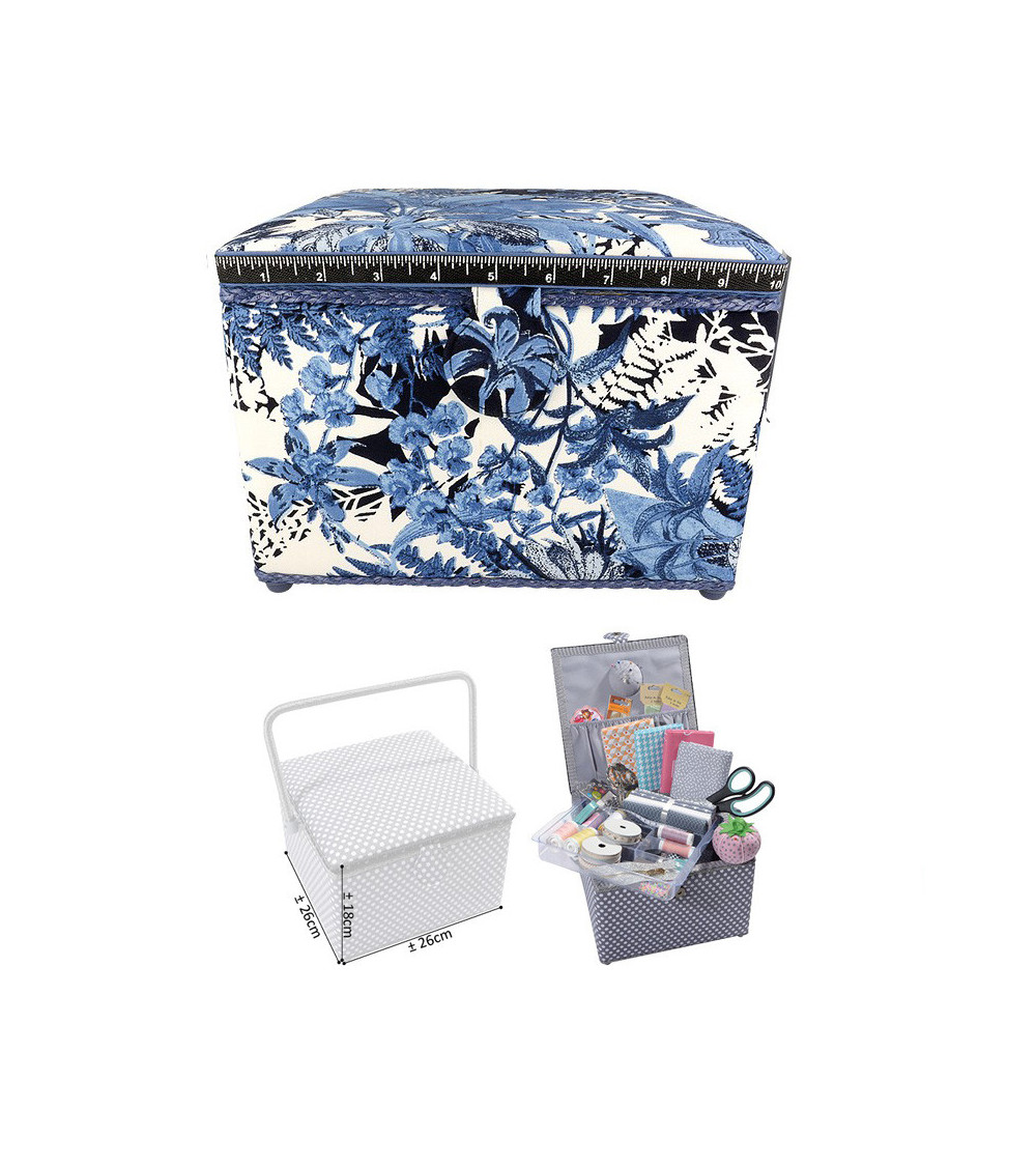 Piccola scatola da cucito quadrata L26xH19cm fiore blu notte