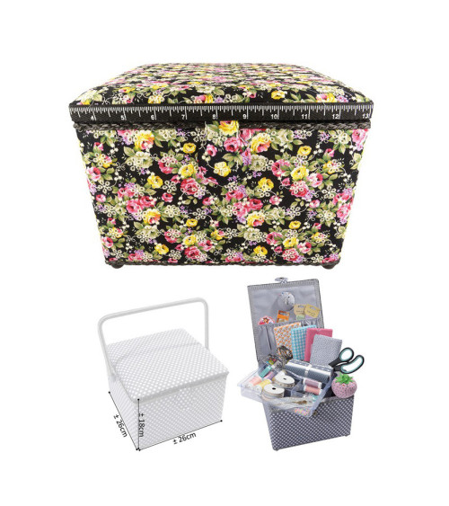 Petite boîte à couture carrée L26xH19cm Fleurs sur fond noir