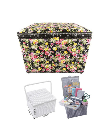 Petite boîte à couture carrée L26xH19cm Fleurs sur fond noir