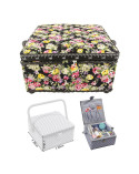 Boîte à couture carrée L20xH11cm Fleurs sur fond noir