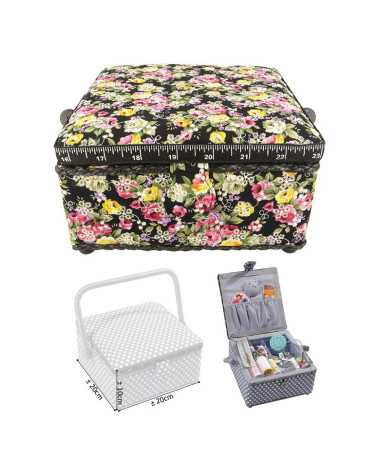 Petite boîte à couture carrée L20xH11cm Fleurs sur fond noir