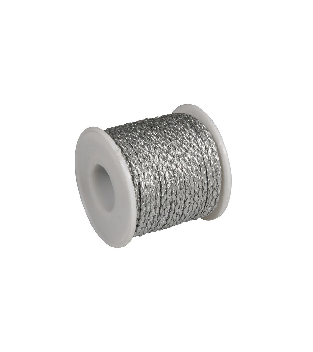 19-m-Spule. Geflochtene Kordel im Skai-Look, 3 mm, silberfarben