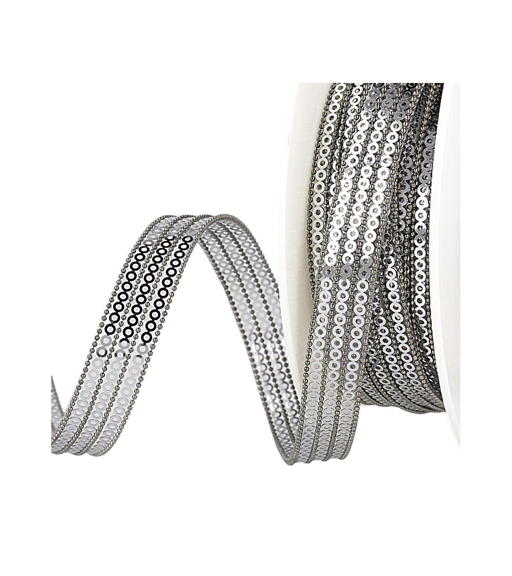 10m reel of 3-row iron-on sequin braid 13 mm Grey Black