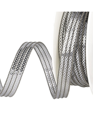 10m reel of 3-row iron-on sequin braid 13 mm Grey Black