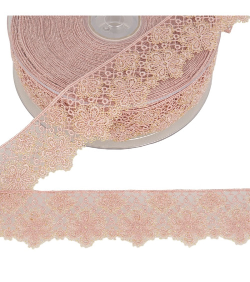 14.4m spool Two-tone flower lace 33 mm polyester Old pink and gold