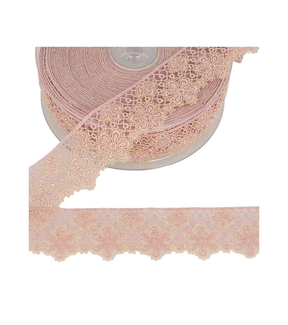 14,4 m Spule. Zweifarbige Blumenspitze, 33 mm Polyester, Altrosa und Gold