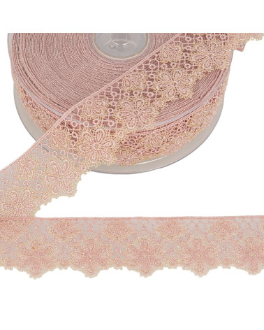 14,4 m Spule. Zweifarbige Blumenspitze, 33 mm Polyester, Altrosa und Gold