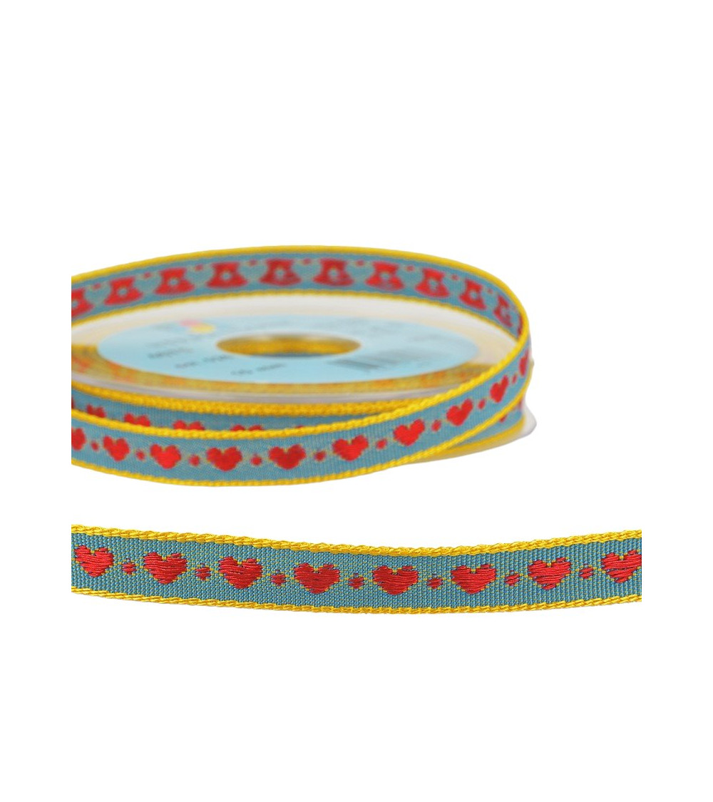 10m reel of jacquard braid hearts 10 mm polyester duck blue