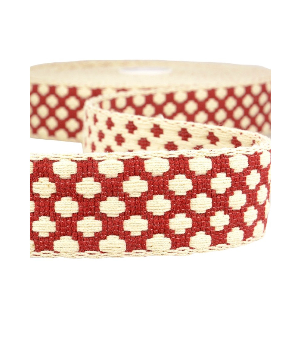 10m spool Cross pattern webbing 37 mm Burgundy red and ecru