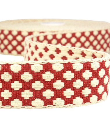 Bobine 10m Sangle motif croix 37 mm Rouge bourgogne et écru