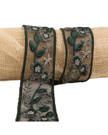 Bobine 10m galon fleurs brodées 45mm Vert Bouteille 