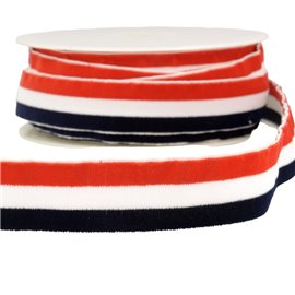 Bobine 15m Velours stripes polyester bleu Marine blanc et rouge
