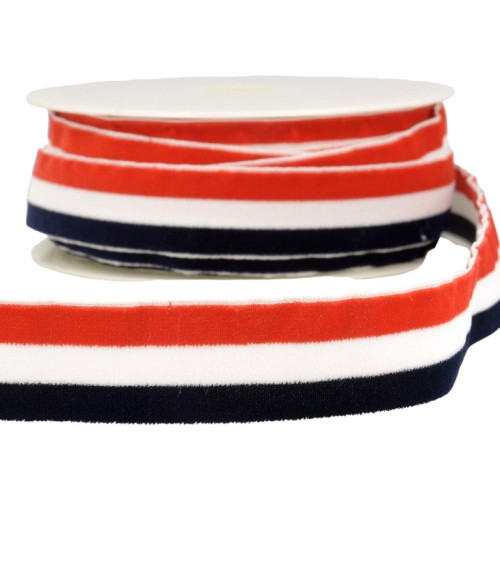 Bobine 15m Velours stripes polyester bleu Marine blanc et rouge