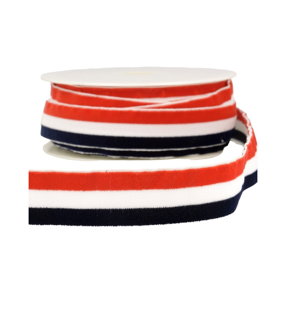 15m spool of navy blue, white and red polyester striped velvet