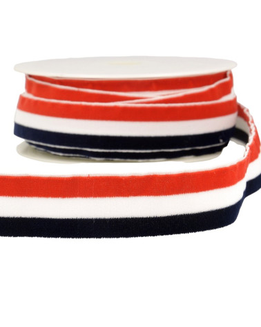 Bobina da 15 m Strisce di velluto in poliestere blu navy bianco e rosso